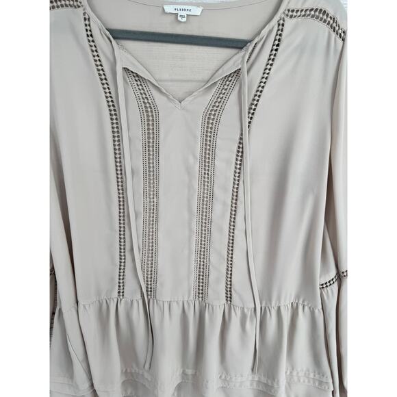 Pleione Crochet Accent Peplum Blouse Womens Large Tan Beige Tie Neck - Picture 5 of 10